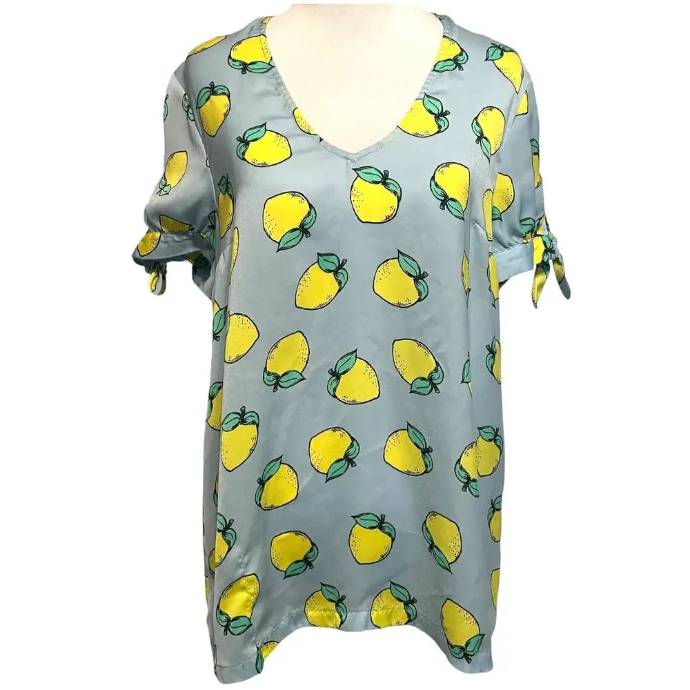Modcloth Lemon Top Womens Medium Light Blue & Yellow V-Neck Novelty